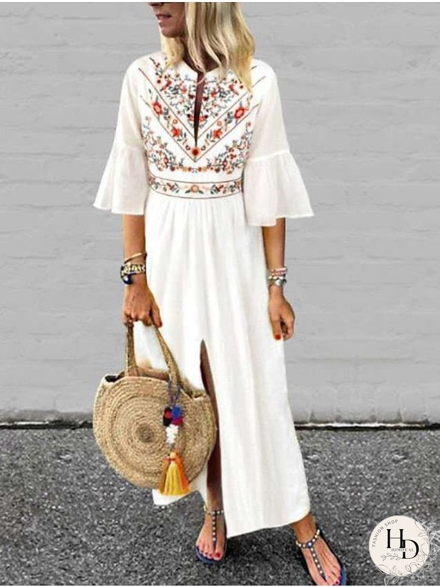 Casual Dress Swing Dress White Dress Long Dress Maxi Dress Black Blue Wine Half Sleeve Floral Ruffle Fall Spring Autumn V Neck Loose Fit S M L XL XXL for Women