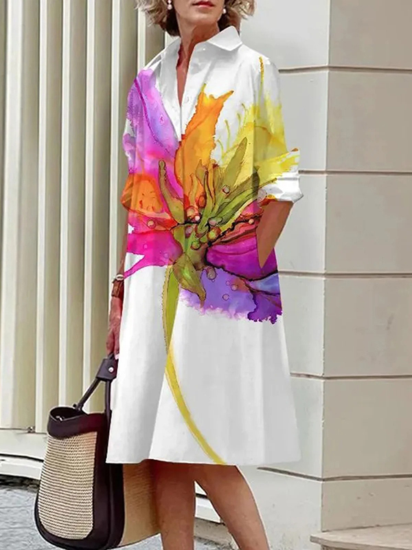 Long Sleeves Loose Floral Printed Split-Joint Lapel Midi Dresses Shirt ...