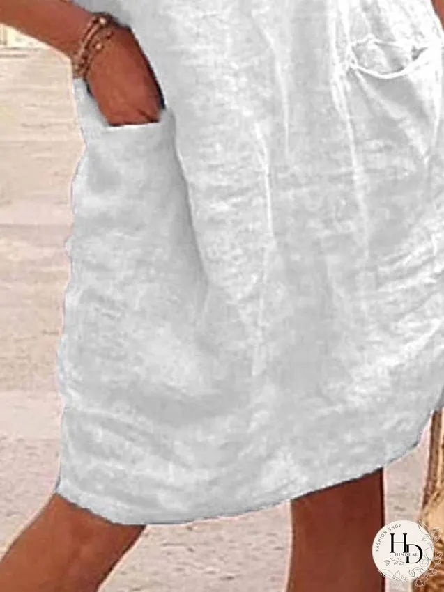 Cotton Linen Dress Casual Dress Shift Dress Midi Dress Cotton Blend Fashion Casual Outdoor Daily Cowl Neck Button Pocket Short Sleeve Summer Spring Loose Fit White Floral S M L XL 2XL for Women
