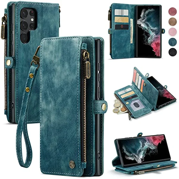 Defencase Durable PU Leather Magnetic Flip Strap Wristlet Zipper Card Holder Phone Case for Galaxy S22 Ultra