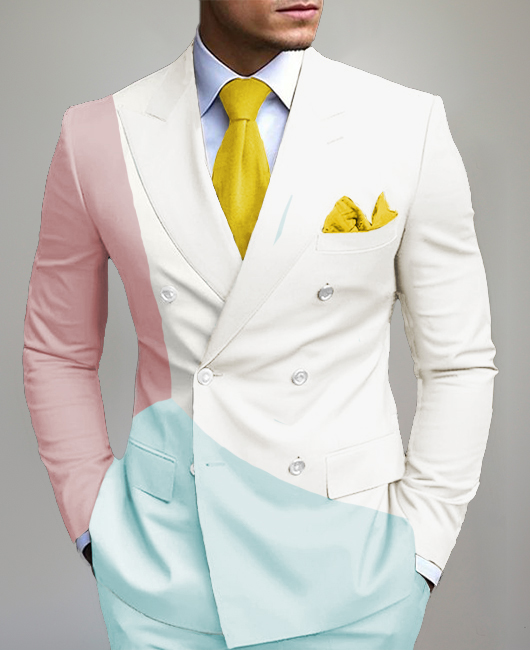Business Peak Lapel Double Breasted Color Blocks Blazer