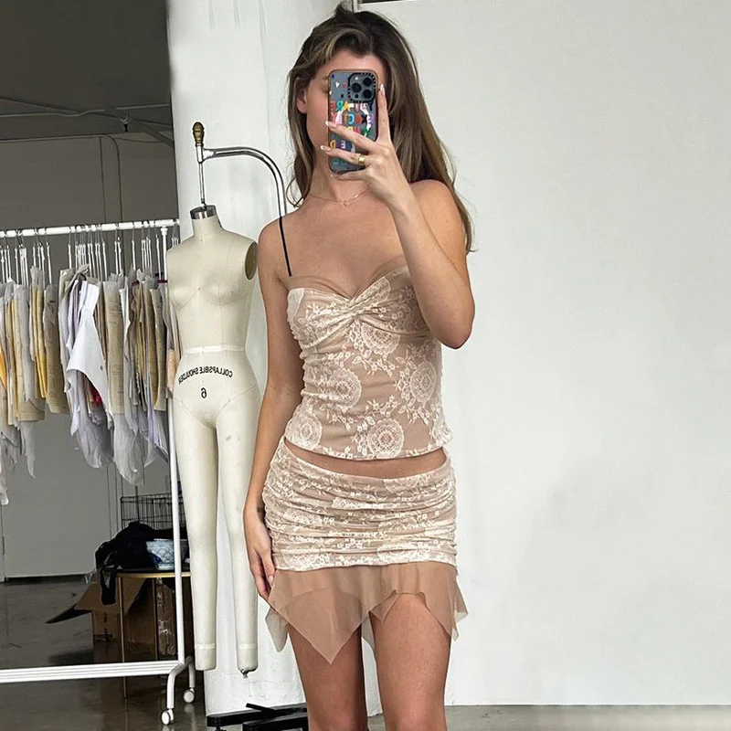 Strappy strapless lace patchwork suit skirt