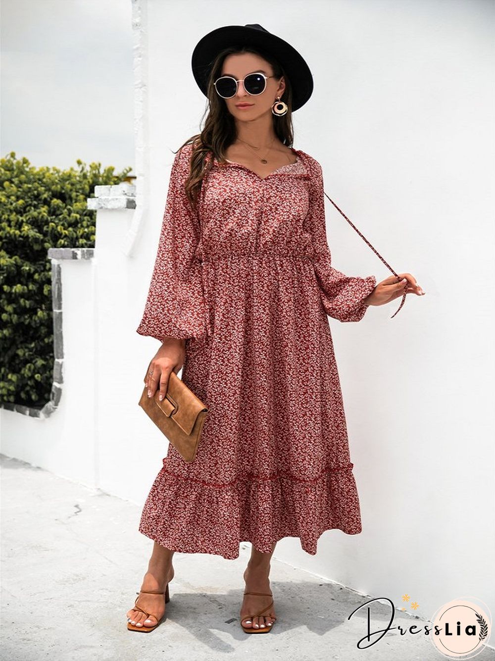 Long Sleeve V-neck Floral Dress