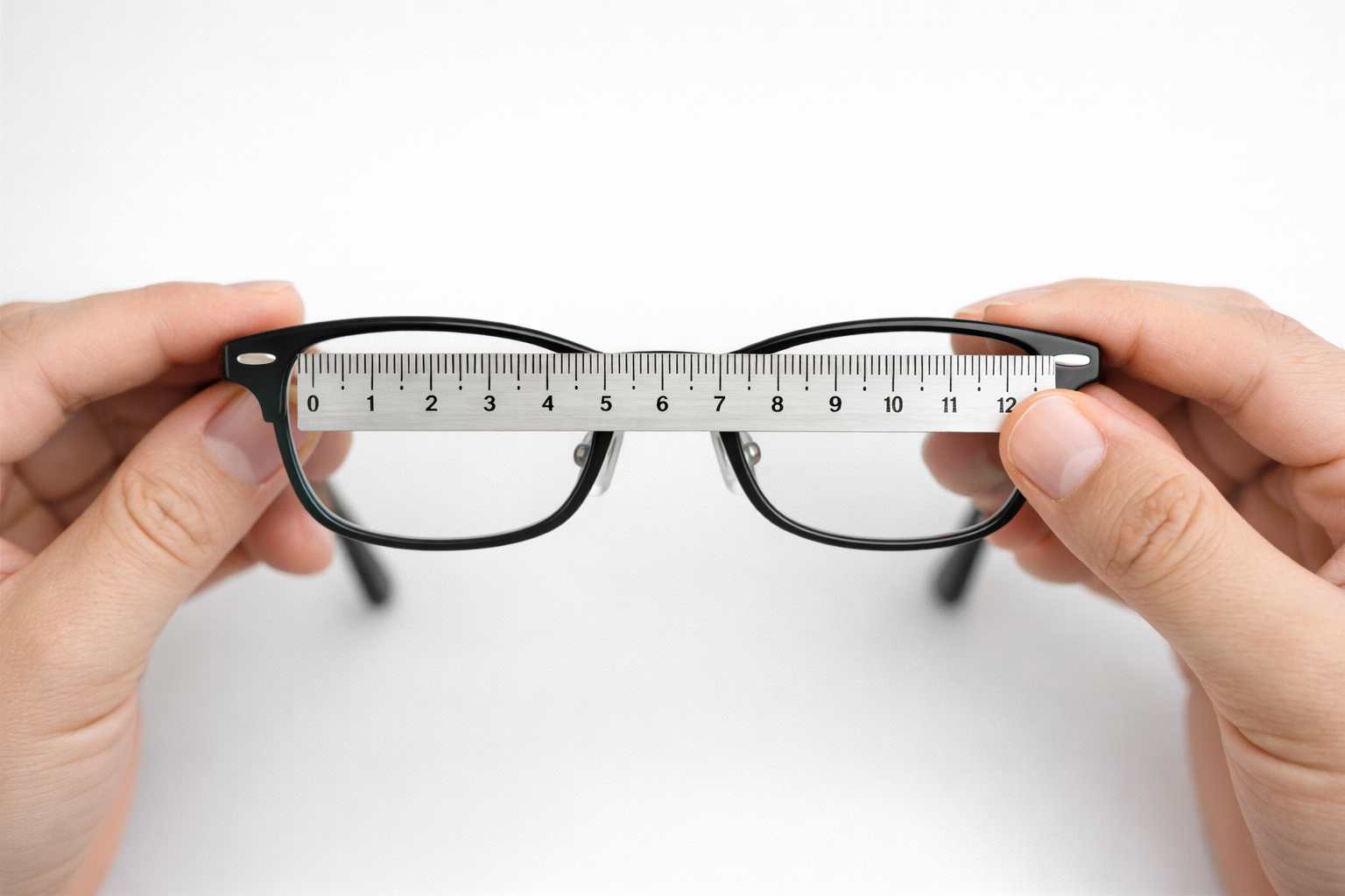 Hands measuring glasses frame width with a millimeter ruler