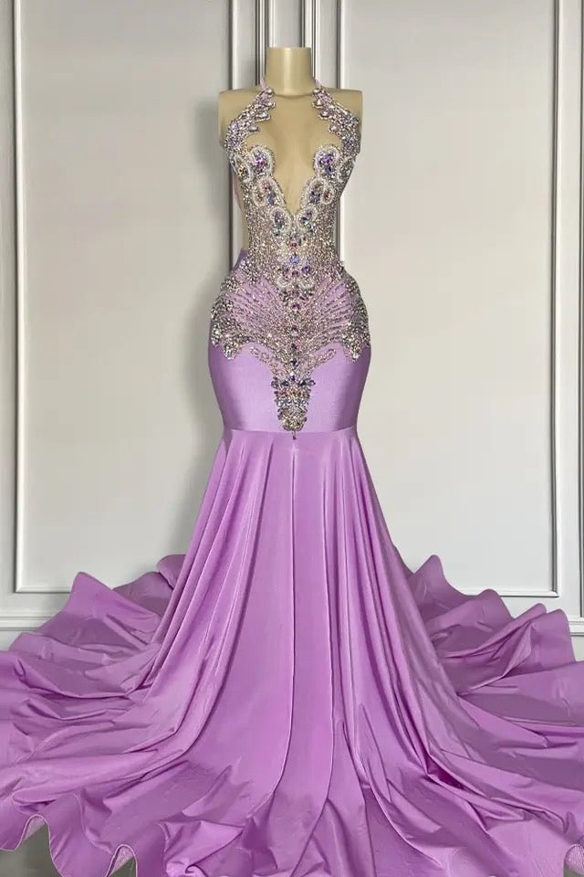 Lisliy Purple Sleeveless Halter Strap Deep V-Neck Beadeds Mermaid Prom Dress