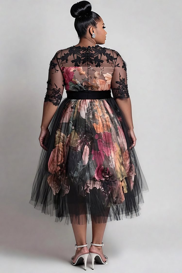 Xpluswear Design Plus Size Wedding Guest Satin Black All Over Print Round Neck Short Sleeve See Through Elegant Tulle Midi Dresses [Pre-Order]