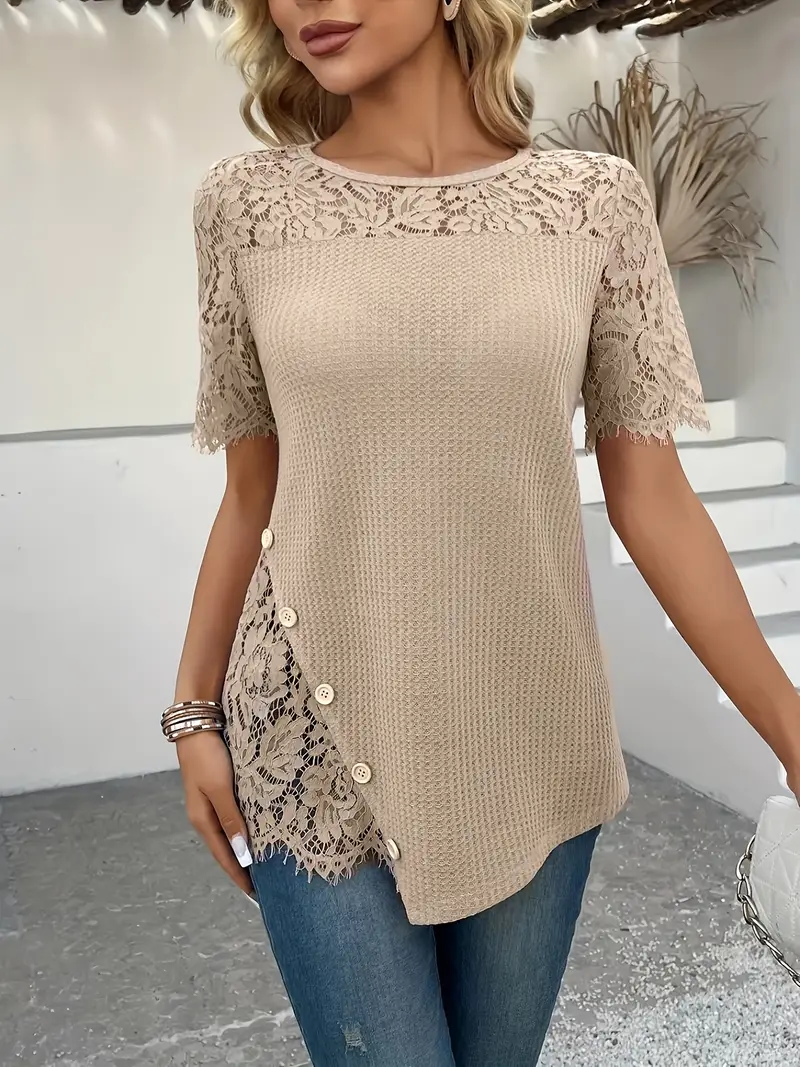 Női elegáns csipkeszegélyes felső mentazöld polmi-purite hosszú ing, kerek nyakú ing, rövid ujjú, aszimmetrikus szegéllyel, használható hétköznapokra vagy ruhákra, csipke ing, hétköznapi elegáns viselet, aszimmetrikus viselet