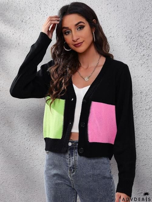 Color Block Button Up Long Sleeve Cardigan