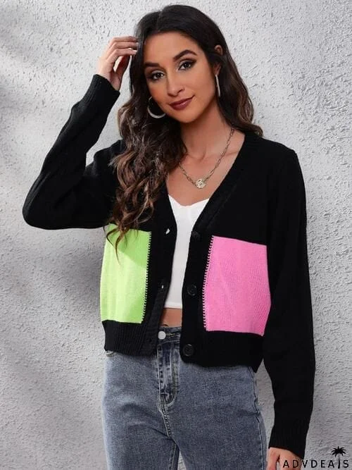 Color Block Button Up Long Sleeve Cardigan