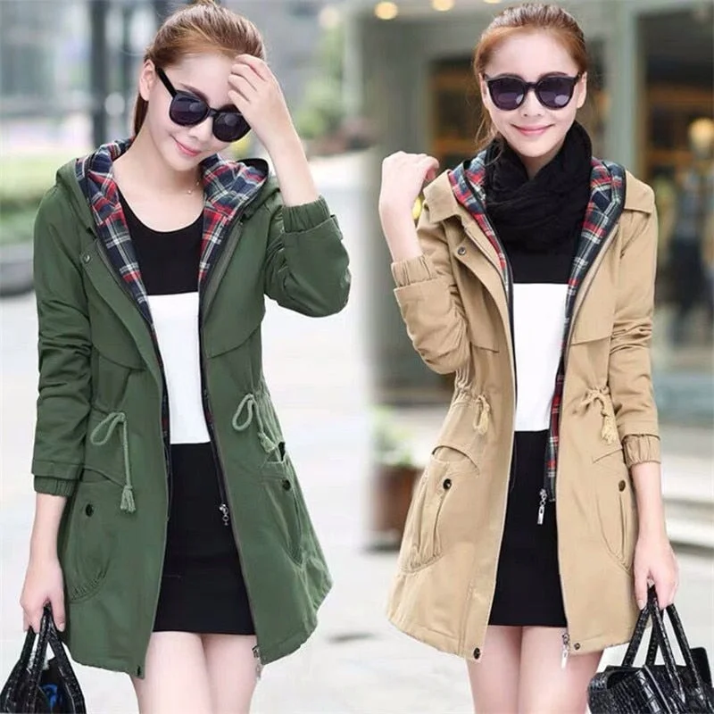Medium Long Plus Size Trench Coat Women New 2020 Spring Autumn Hooded Zipper Loose Female Windbreaker Fake Two Pieces Outerwear