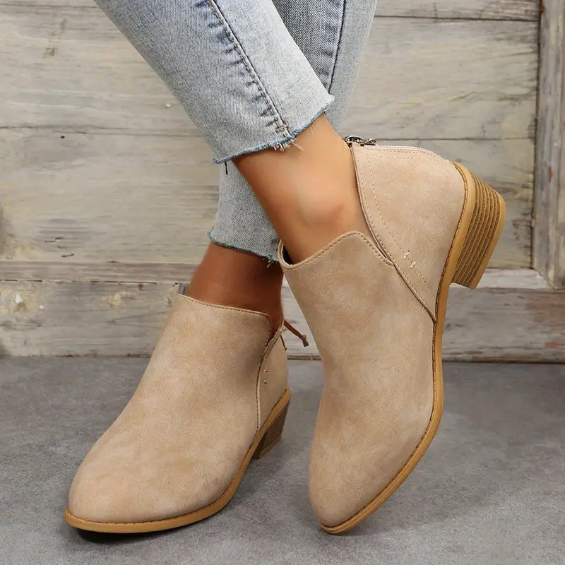 womens chunky heeled ankle boots solid color v   zipper shoes stacked heeled short boots details 8