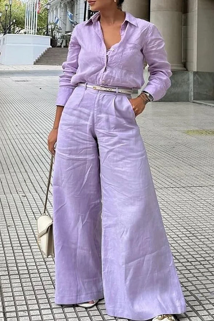 Plus Size Business Casual Purple Casual Shirt Collar Long Sleeve Pocket Two Piece Pant Sets [Pre-Order] 2024 - Xpluswear