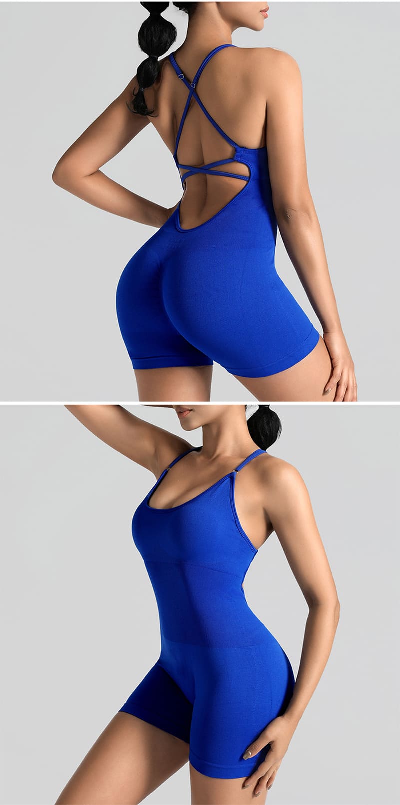 A model wears a klein blue high waist yoga bodysuit, front and back views.