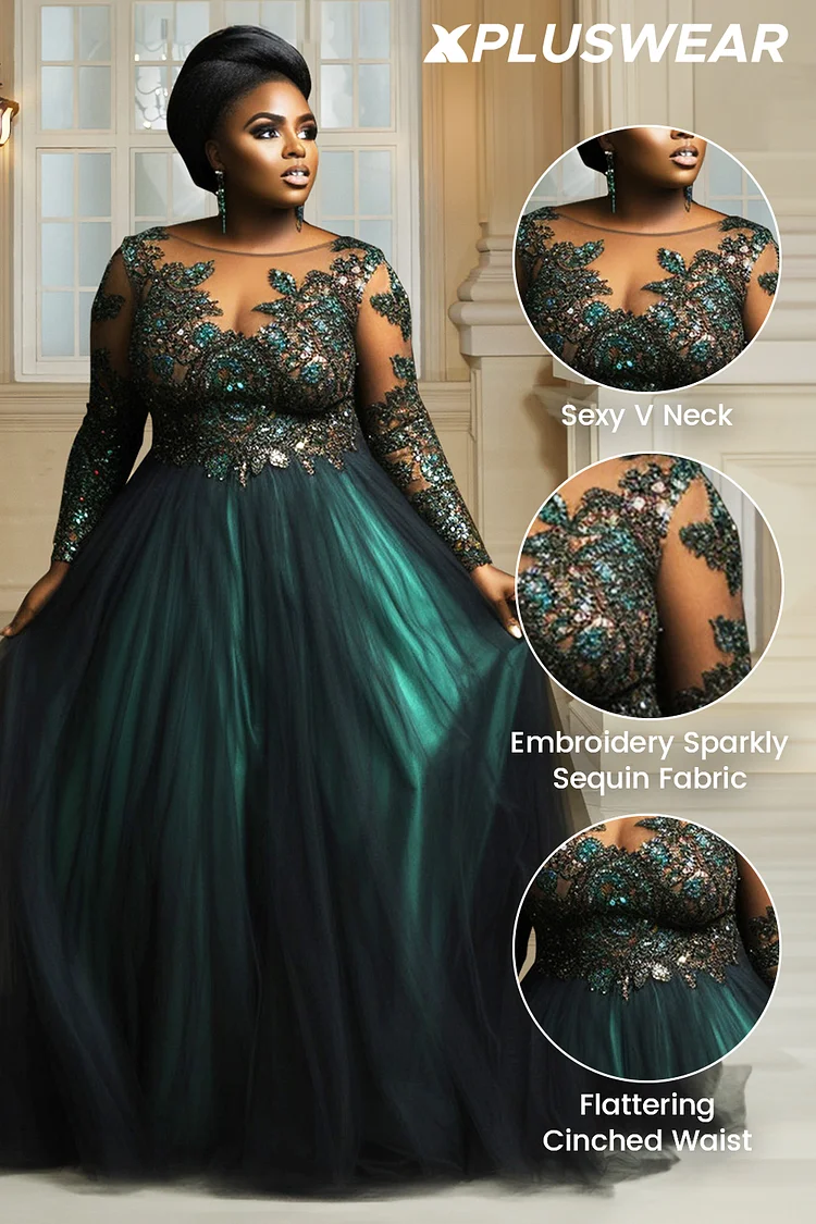 Xpluswear Design Plus Size Evening Gowns Green Long Sleeve Tulle Maxi Dresses Xpluswear