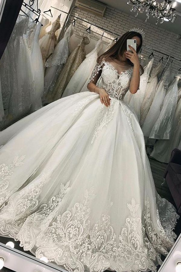 Ovlias Short Sleeve Sheer Tulle Ball Gown Wedding Dress with Appliques WD0582