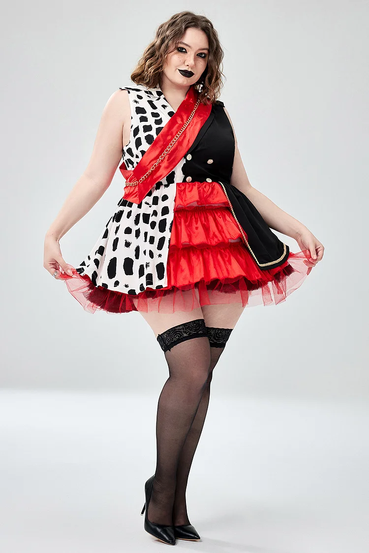 Xpluswear Design Plus Size Halloween Costume Red Colorblock Tulle Mini Dress（Ships 24h）