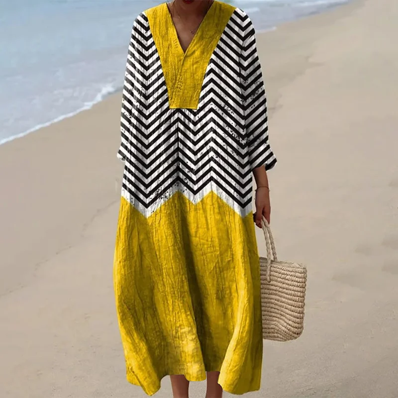 Vintage Geometric Art Linen Blend Maxi Dress