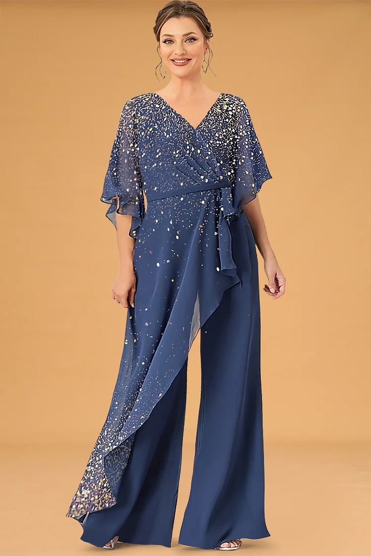 Flycurvy Plus Size Mother Of The Bride Slate Blue Sparkly Print Asymmetrical Hem Lace-Up Jumpsuit  Flycurvy [product_label]