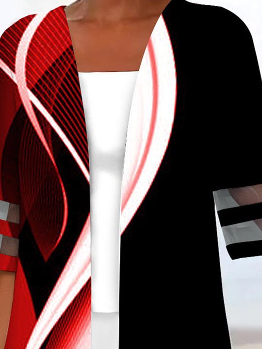 Women Half Sleeve Scoop Neck Striped Printed Colorblock Two-Pieced Tops