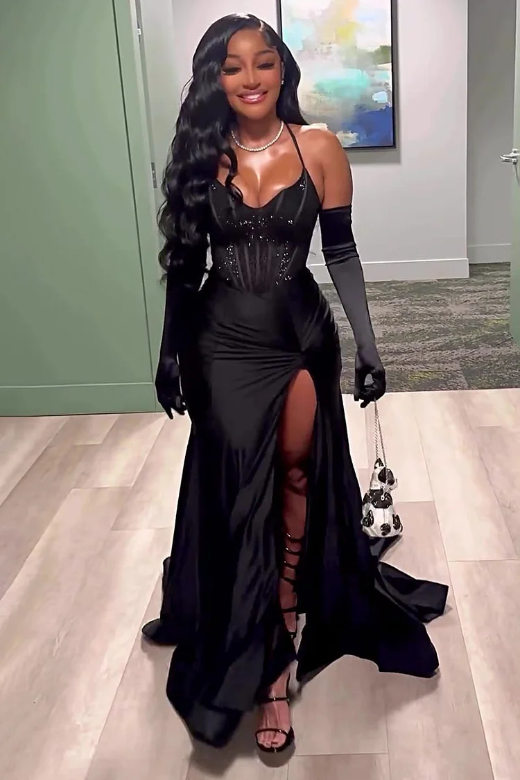 Halter Mermaid Hem High Slit Party Corset Maxi Dresses-Black [Pre Order]