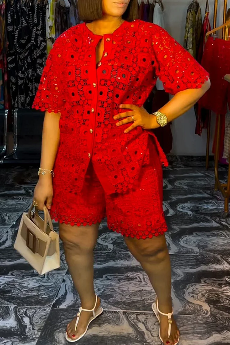 Plus Size Vacation Red Casual Round Neck Short Sleeve Pocket Two Piece Short Sets [Pre-Order] 2024 - Xpluswear