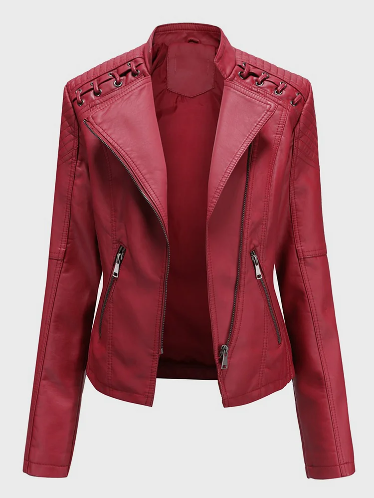 Lapel Collar Strappy Decor Zip Up PU Leather Cropped Jacket