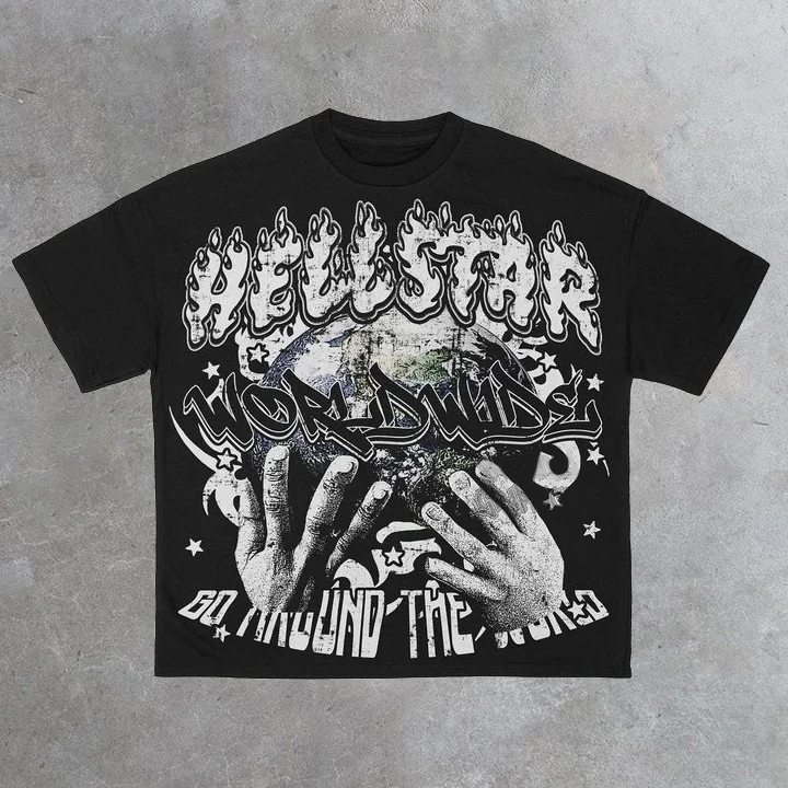 Moonsfashionss Vintage Hellstar Worldwide Print Graphic Cotton T-shirt