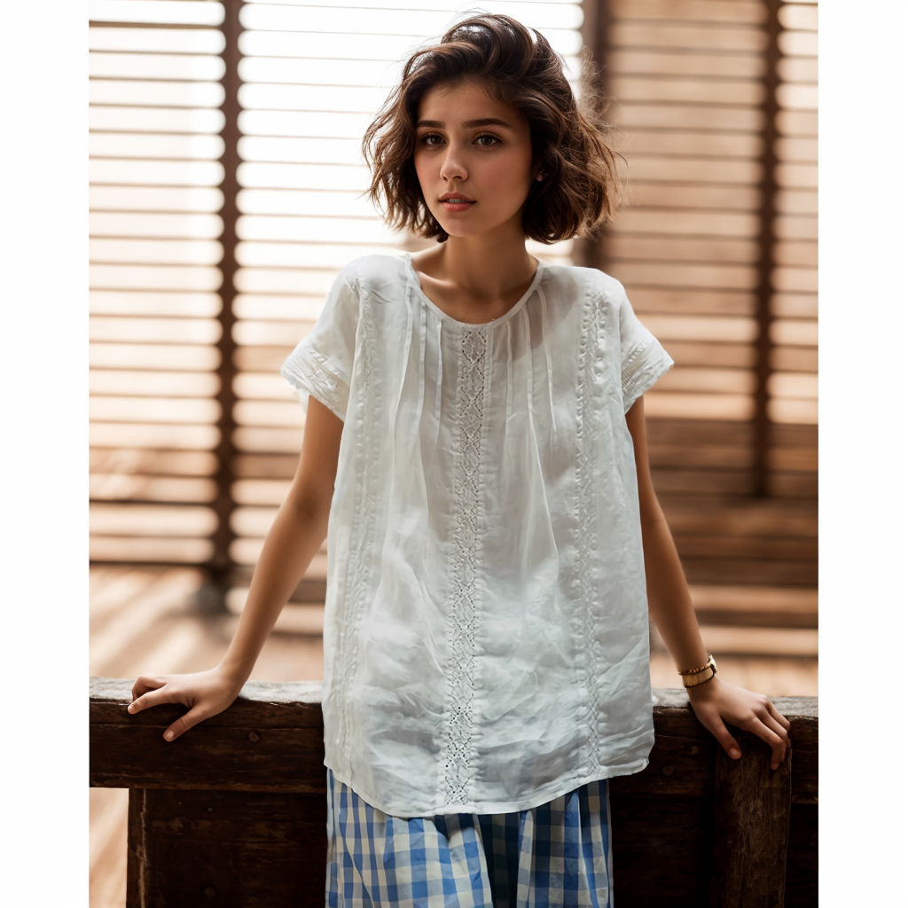 Chemise épissée à col rond Ramie, haut décontracté- SOIE PLUS