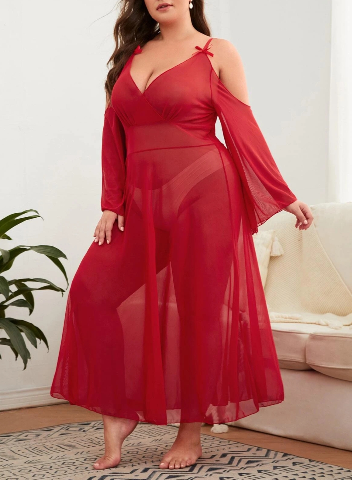 Deep V Back Cutout Solid Sheer Mesh Babydoll