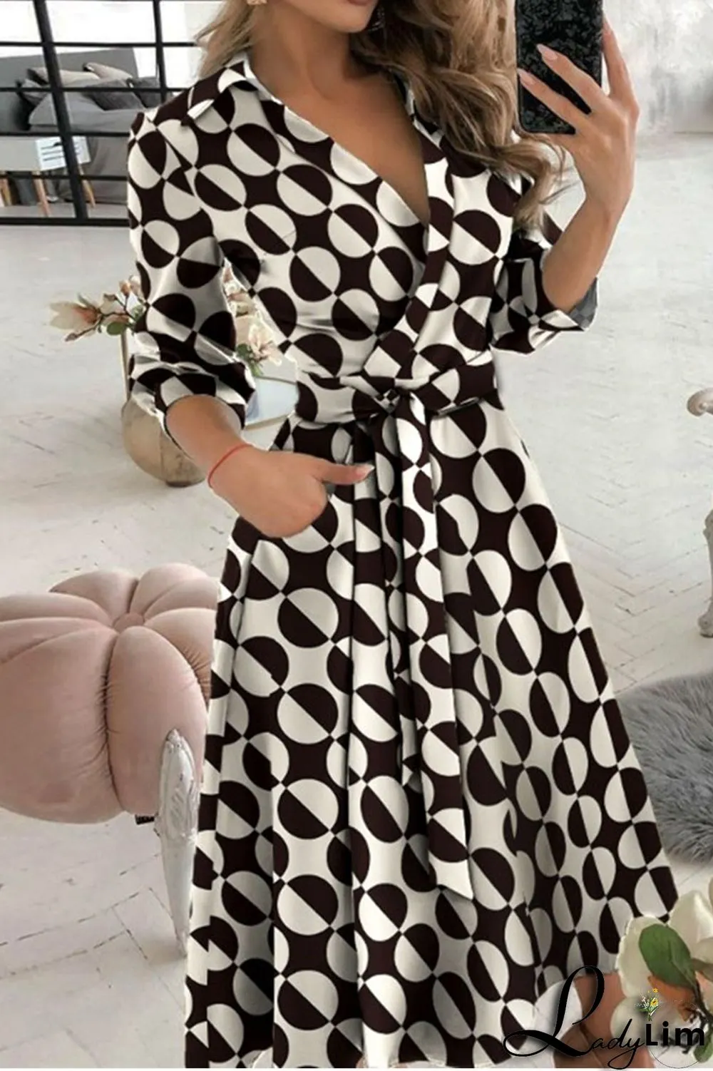 Colour Casual Print Bandage Split Joint V Neck A Line Dresses