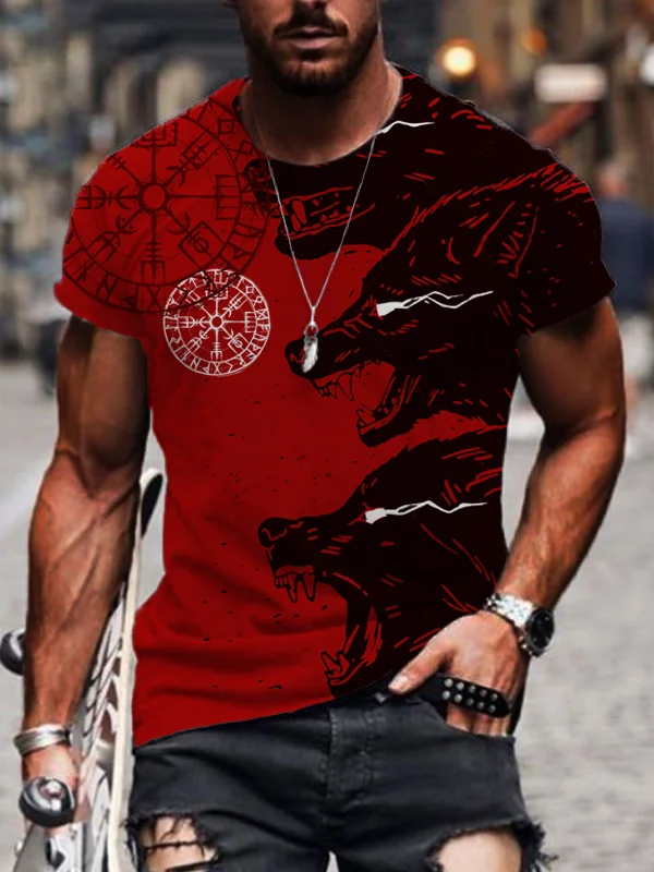 Broswear Men's Viking Culture Norse Wolf Print T-Shirt