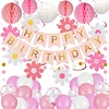 Birthday Decorations, Happy Birthday Banner with Birthday Balloons, Honeycomb Balls, Hanging Swirls, Circle Dots Garland, Happy Birthday Party Decorations for Women Men Boys Girls (Pink)