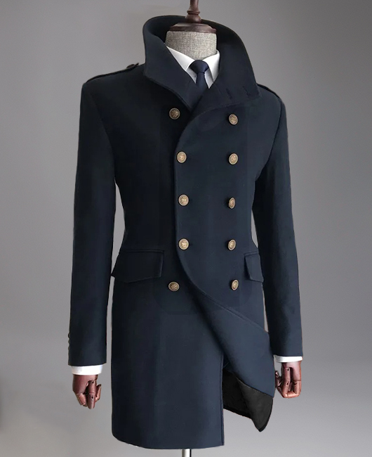 Business Stand Collar Double Breasted Flap Pocket Mid-Length Overcoat