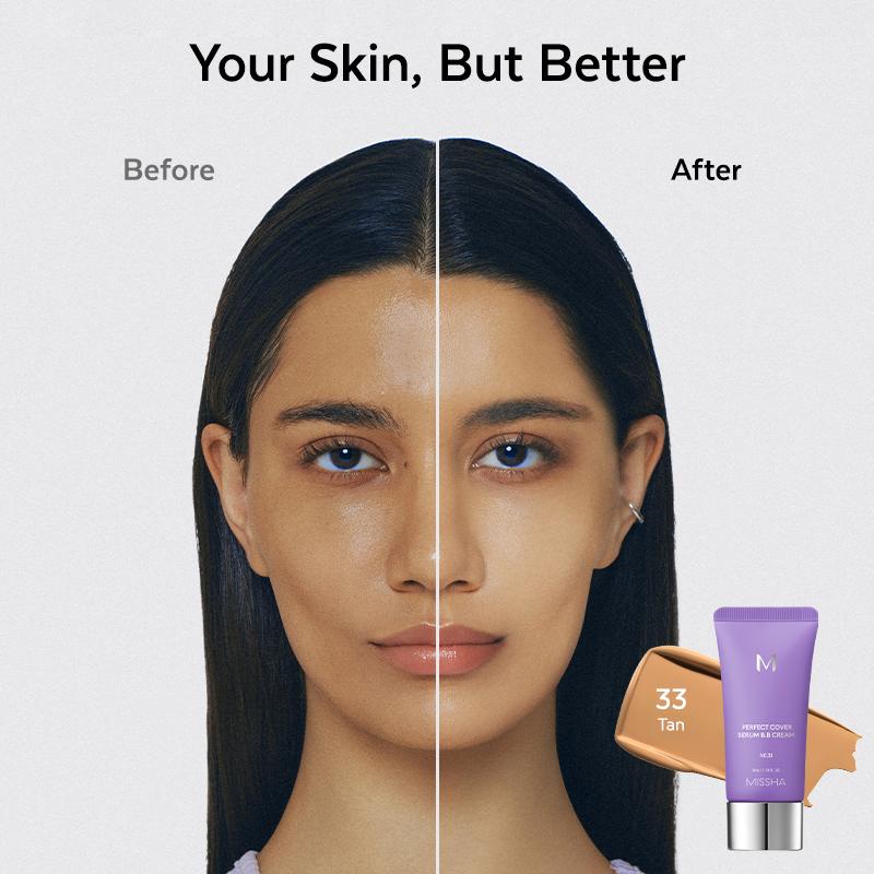 [MISSHA Official] M Perfect Cover Serum BB Cream (35ml) - Bifida Ferment Lysate Serum-Infused BB Cream for Anti-Aging Skin Rejuvenation, Skin Tint, Tinted Moisturizer, Skin Care Foundation Makeup,Superfood Complex,Glass Skin CardiBB OGBB PurpleBB