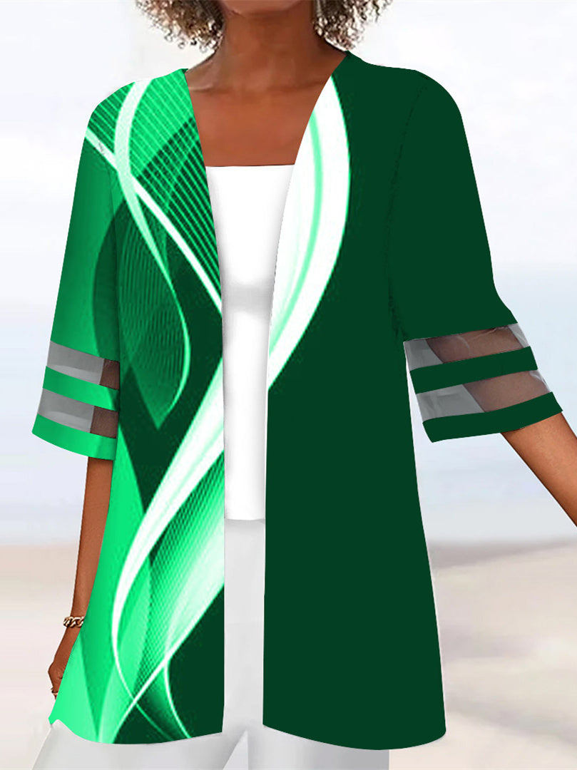 Women Half Sleeve Scoop Neck Striped Printed Colorblock Two-Pieced Tops