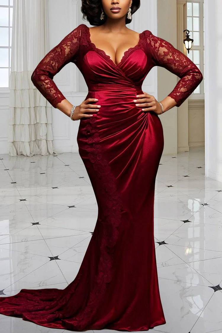 Xpluswear Design Plus Size Evening Gowns Velvet Burgundy Wrap Neck 3/4 Sleeve Bodycon Elegant See Through Lace Maxi Dresses [Pre-Order]