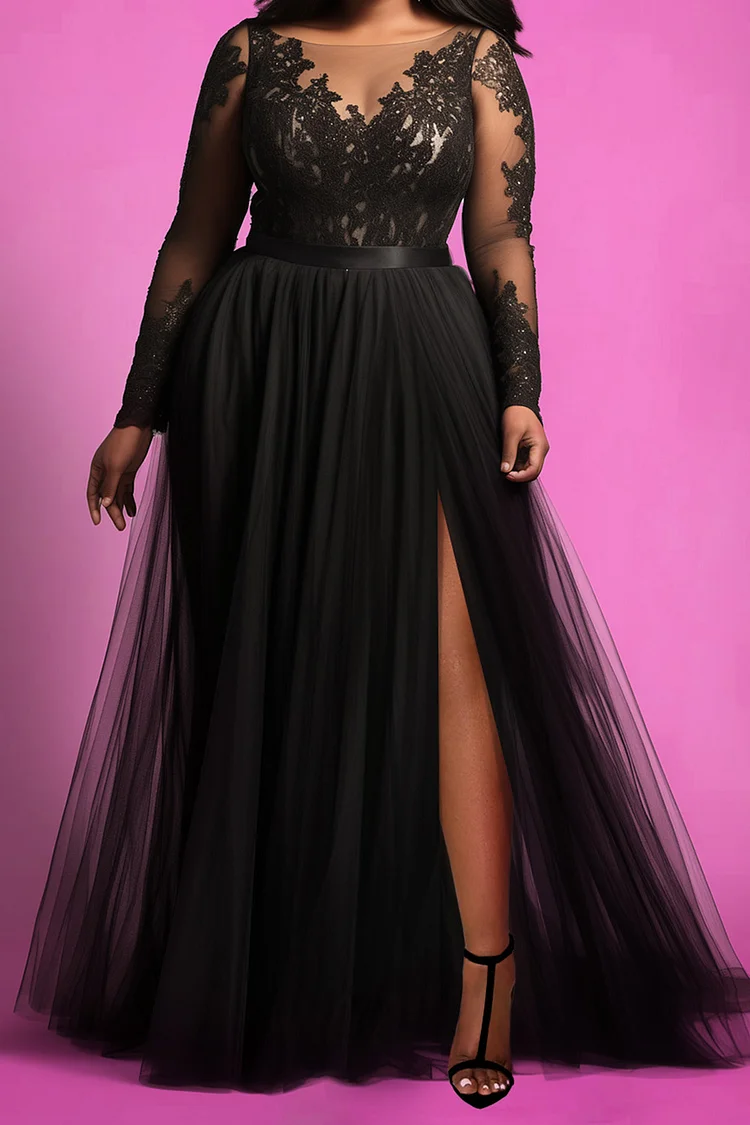 Xpluswear Design Plus Size Formal Black V Neck Long Sleeve Split See Through Tulle Maxi Dresses [Pre-Order]