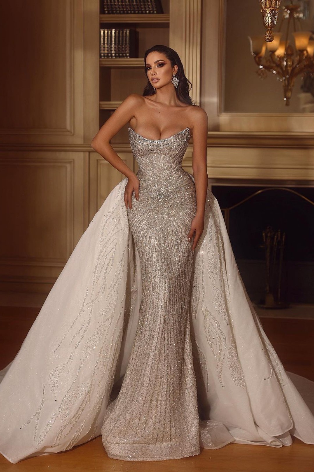 Ovlias Elegant Wedding Dress Sequins White With Long Trail Strapless YL0302