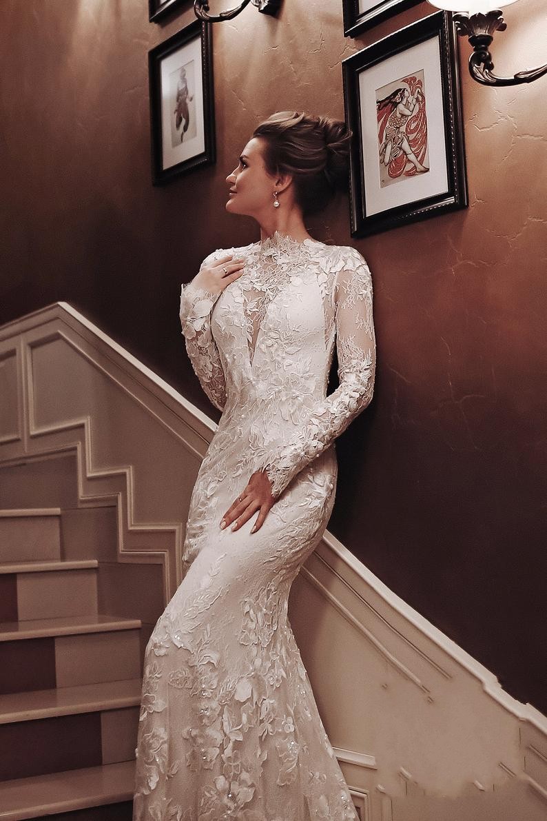 Ovlias Unique Long Sleeve High Neck Backless Mermaid Wedding Dress with Appliques Lace WD0440