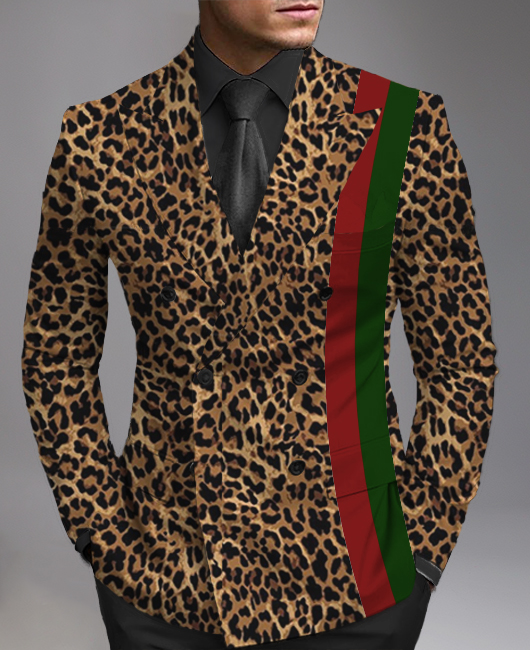 Business Contrast Striped Leopard Print Peaked Lapel Double-breasted Blazer
