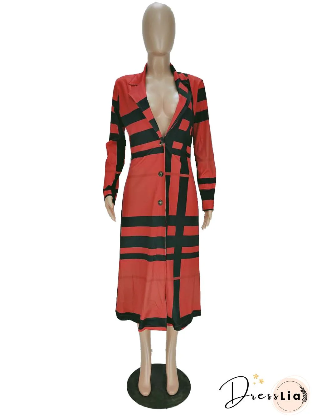 Women's Plaid Print Long-sleeved Lapel Long Coat