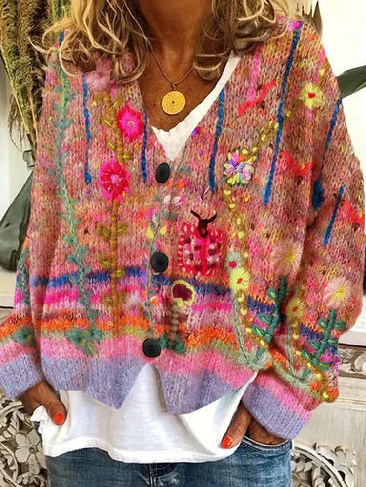 Casual Floral Pattern Three Button Knit Sweater Cardigan