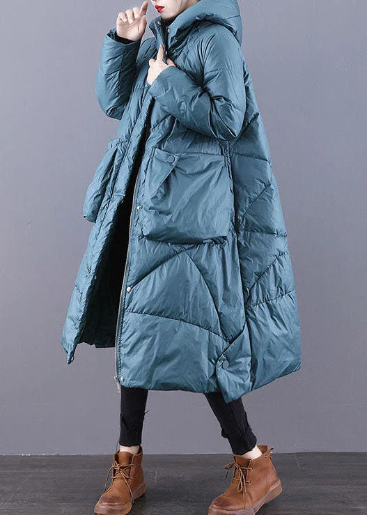 Beautiful Blue Hooded Zippered Oversized Thick Duck Down Puffers Jackets Winter