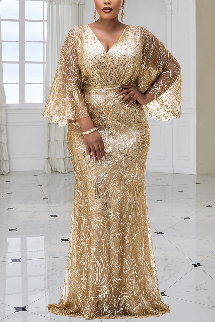 Xpluswear Design Plus Size Formal Gold Wrap Neck Flare 3/4 Sleeve Bodycon Elegant Maxi Dresses [Pre-Order]
