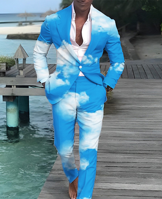 Sky Cloud Print Blazer & Slant Pocket Pants 2Pcs Set