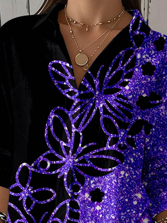 Women 3/4 Sleeve Shirt Collar Floral Printed Graphic Button Tops