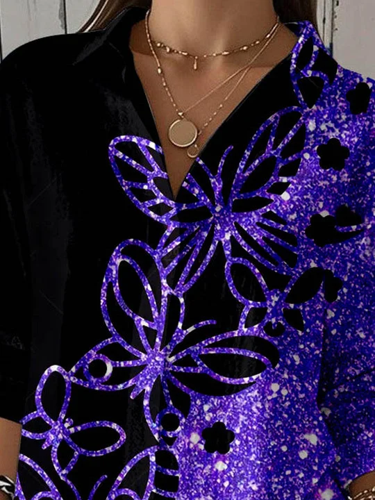 Women 3/4 Sleeve Shirt Collar Floral Printed Graphic Button Tops