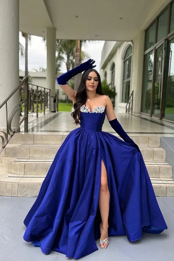 Lisliy Royal Blue Strapless Sweetheart Beads Prom Dress With Long Gloves