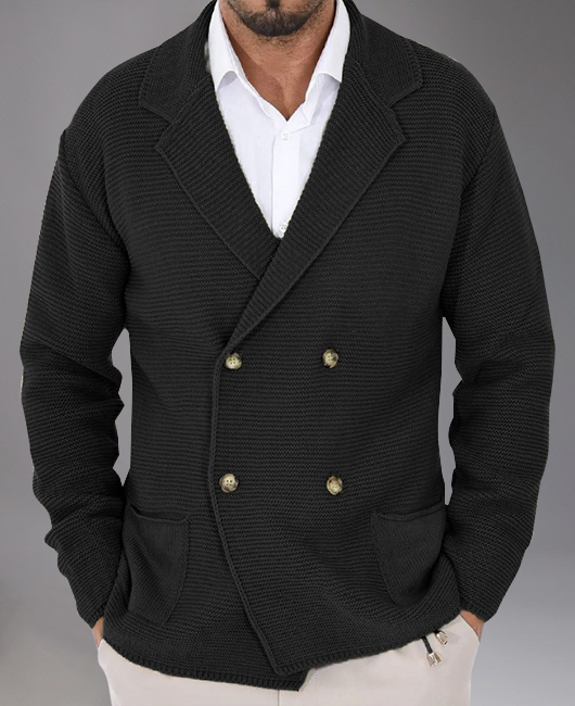 Business Notched Lapel Double-Breasted Pocket Knit Cardigan Sweater
