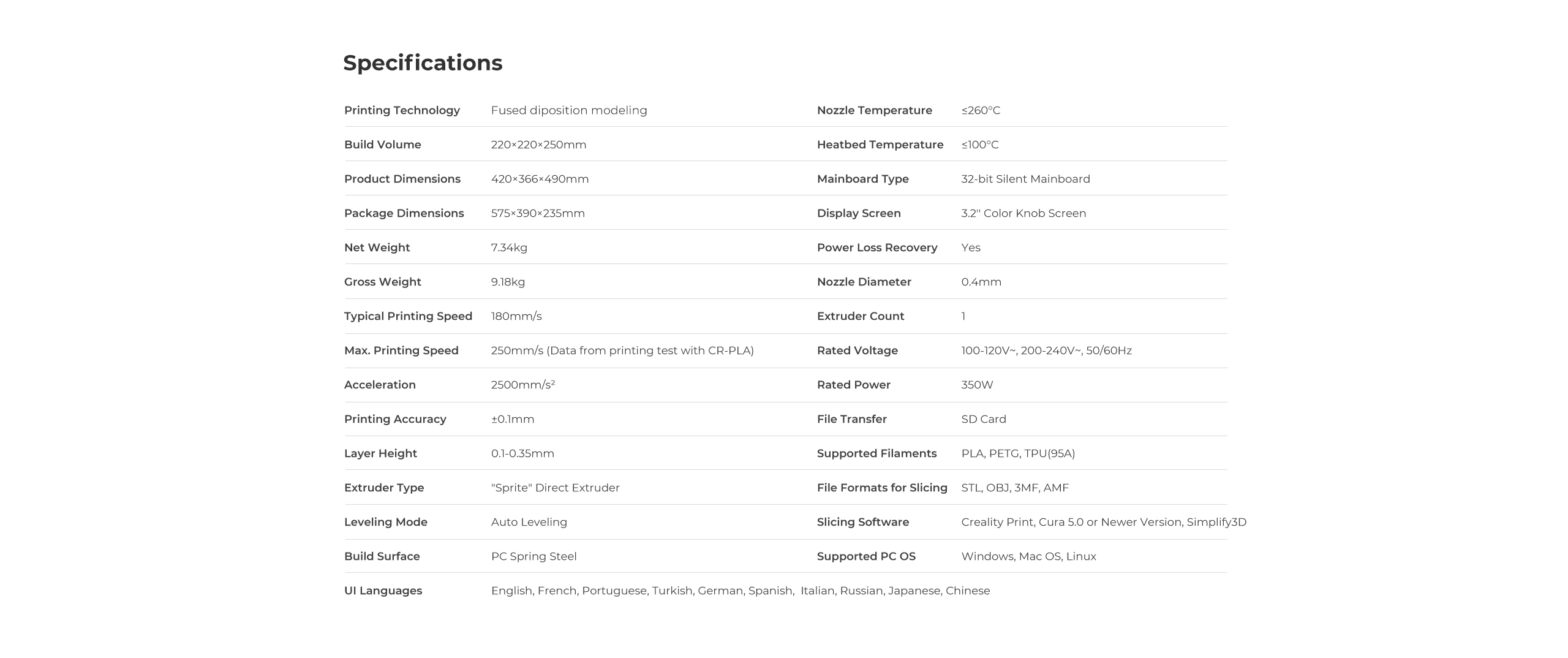 ender 3 v3 se specifications